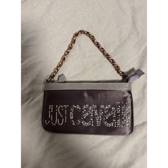Just Cavalli Wristlet Clutch Bag Womens Brown Silver Chain Strap Rhinestone Logo - Picture 1 of 9